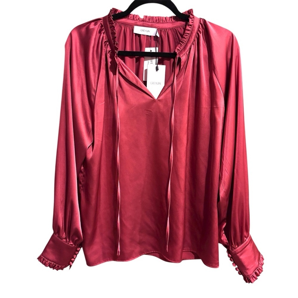 Greylin Crimson Satin Blouse with Ruffle Trim NWT Size L